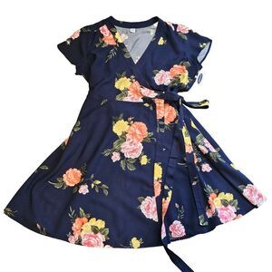 OLD NAVY floral wrap dress size M navy midi short sleeve tie waist fit flare